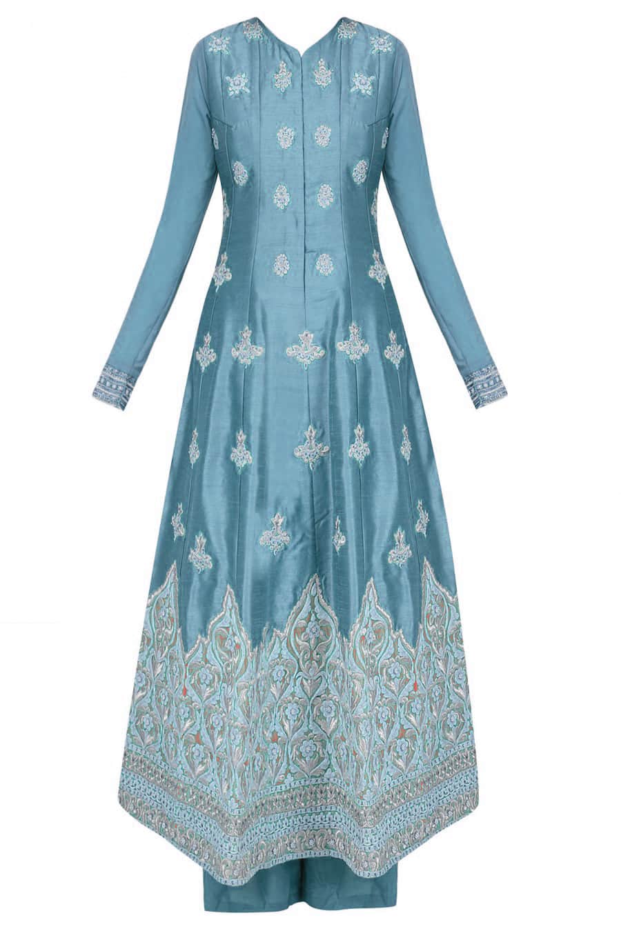 Slate blue silk anarkali with palazoes and matching net dupatta