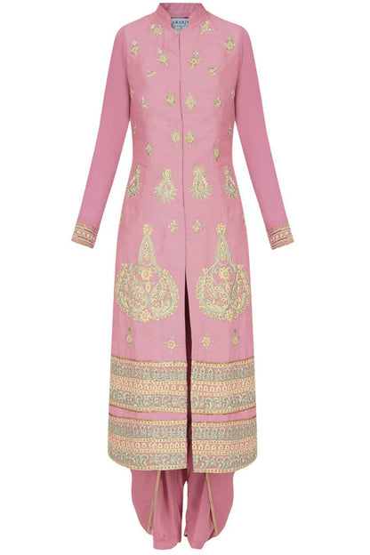 Onion pink straight kurta with dhoti pants and ivory net dupatta