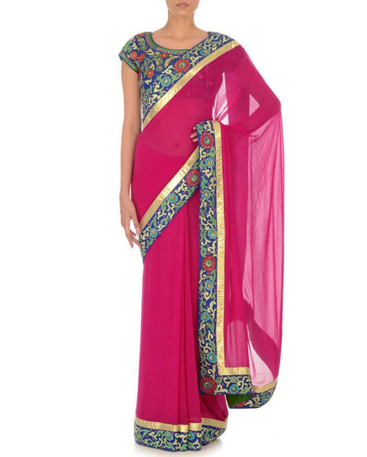 Fuschia Pink Embroidered Sari &amp; Blouse