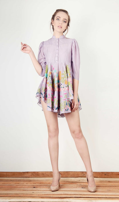 Plum Short Flared Dress with Puff Sleeves