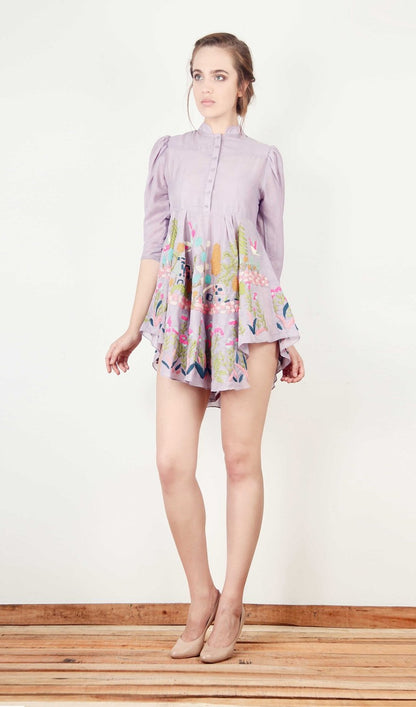 Plum Short Flared Dress with Puff Sleeves