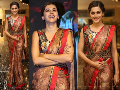 Taapsee Pannu in Dark Brown Satin Chiffon Printed Sari set with Bird Waistcoat