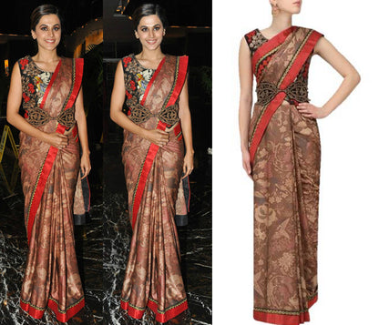 Dark Brown Satin Chiffon Printed Sari set with Bird Waistcoat