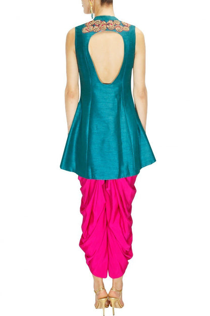 Teal Blue Zardozi Jacket &amp; Fuschia Pink Dhoti Pants