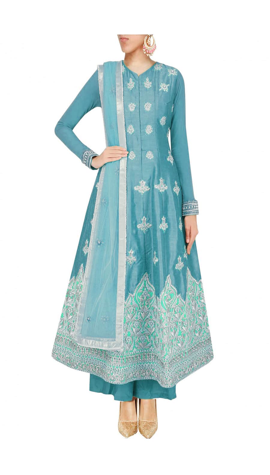 Teal-turquoise blue silk anarkali with palazoes and matching net dupatta