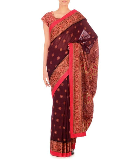 Berry Red Handwoven Sari with Red Blouse