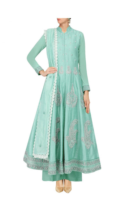 Turquoise silk Anarkali set