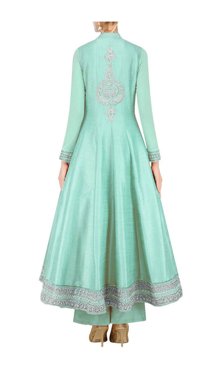 Turquoise silk Anarkali set