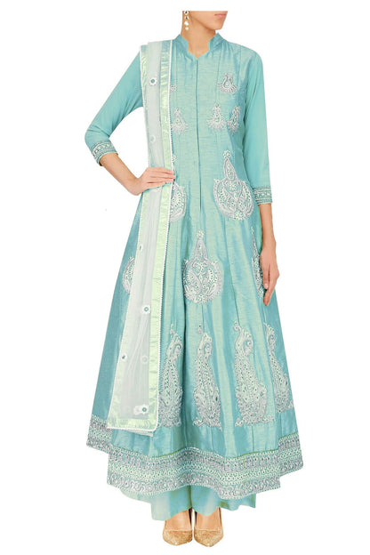 Pastel Blue anarkali with palazoes and ivory net dupatta