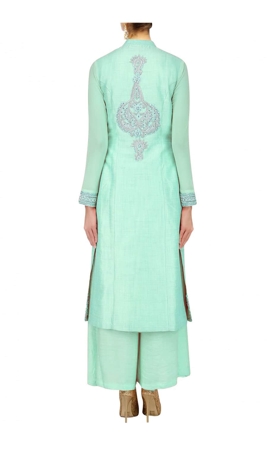 Bright turquoise straight kurta with palazoes and chanderi dupatta