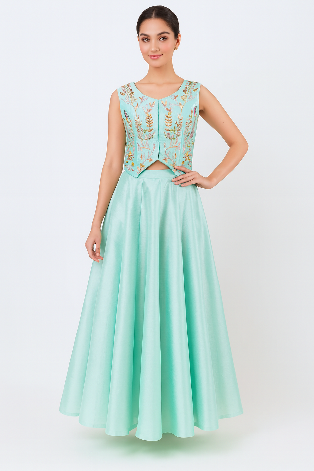 Turquoise Embroidered Top with Silk Skirt - Front View | Aharin