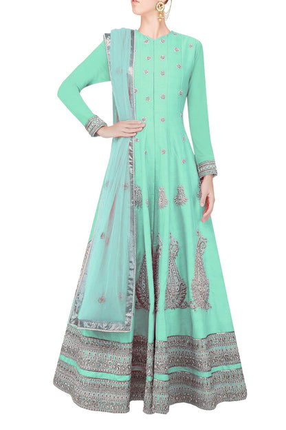 Turquoise flared anarkali set