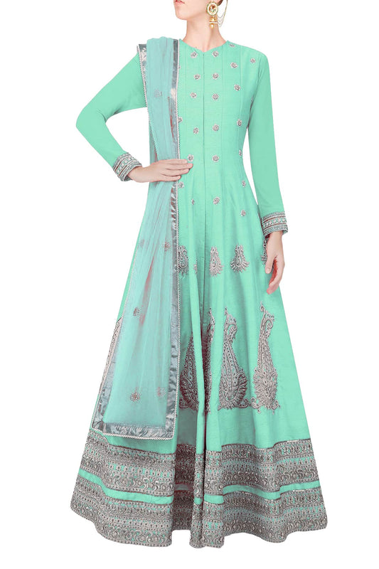 Turquoise flared anarkali set