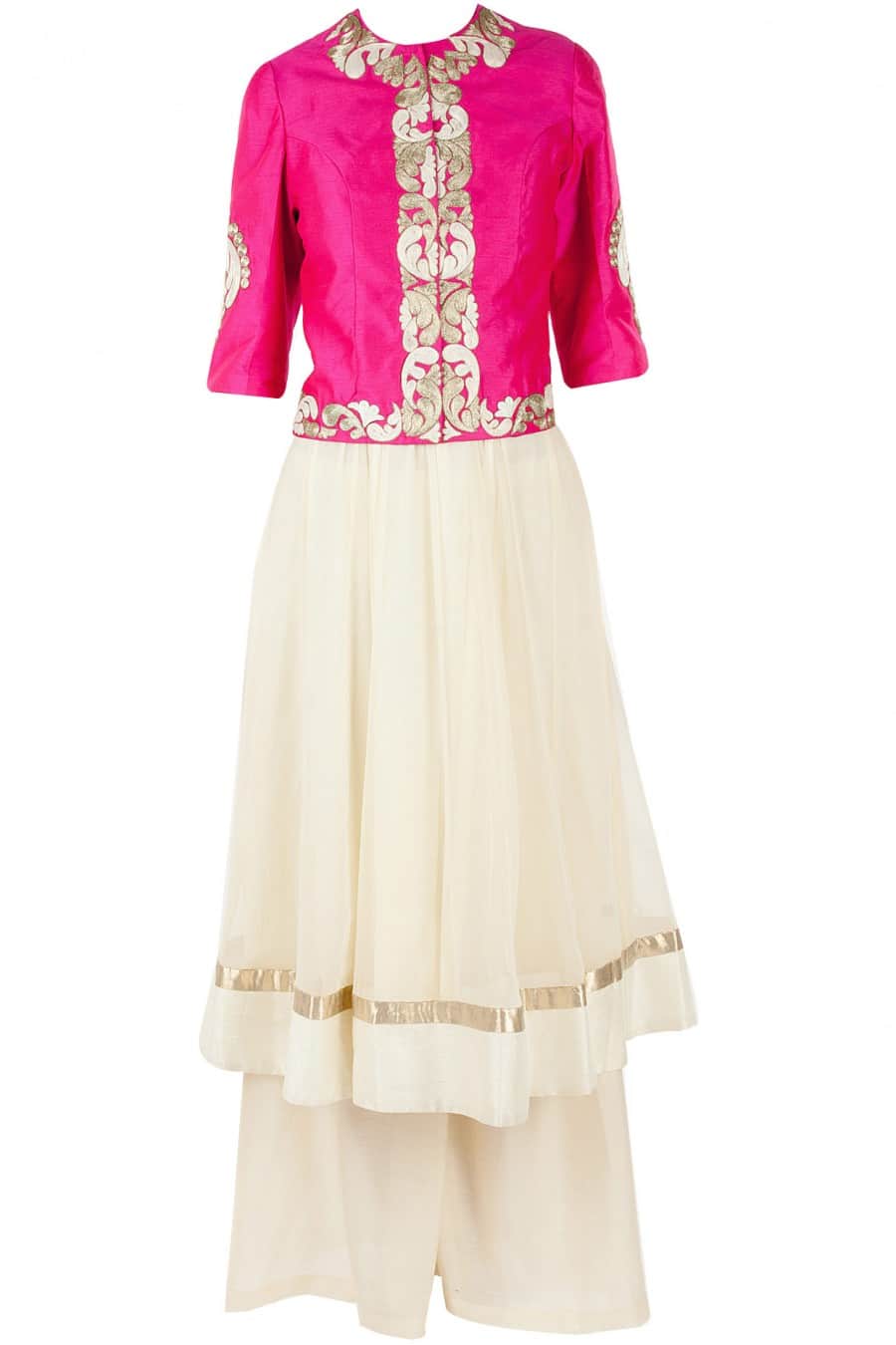 Fuschia pink embroidered jacket with ivory anarkali and palazoes pants