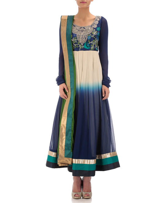 white and blue Queensbury Anarkali