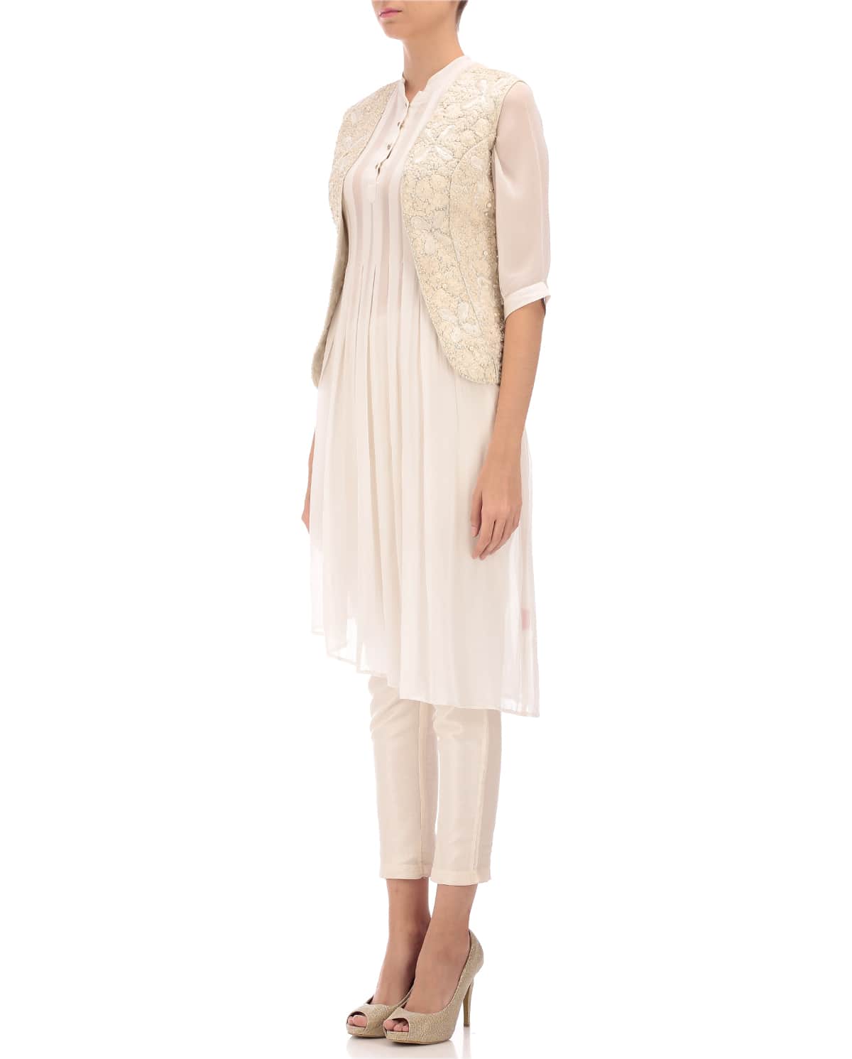 white embroidered jacket with tunic and pants