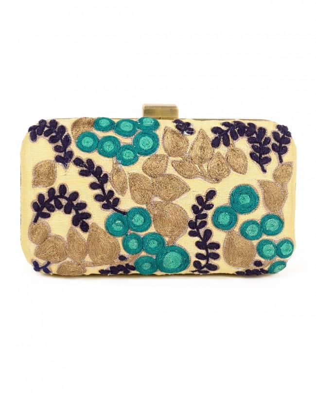 Cream and turquoise fruit embroidered clutch bag