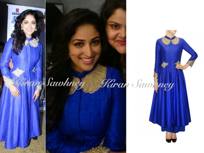 Yami Gautam in Cobalt Blue Long Jacket with Full Sleeves and Heavy Zardozi