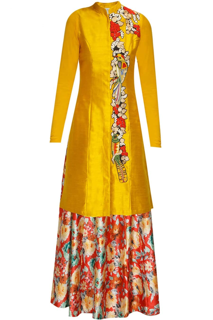 Mustard Yellow Long Jacket with Bird Embroidery on one side & Red Floral Printed Skirt