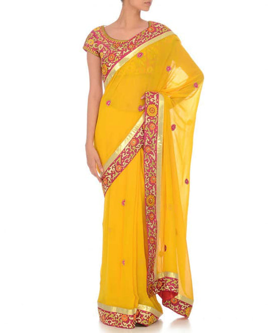 Yellow Multicolor Embroidered Sari &amp; Blouse