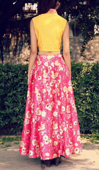 Yellow crop jacket with pink floral printed skirt