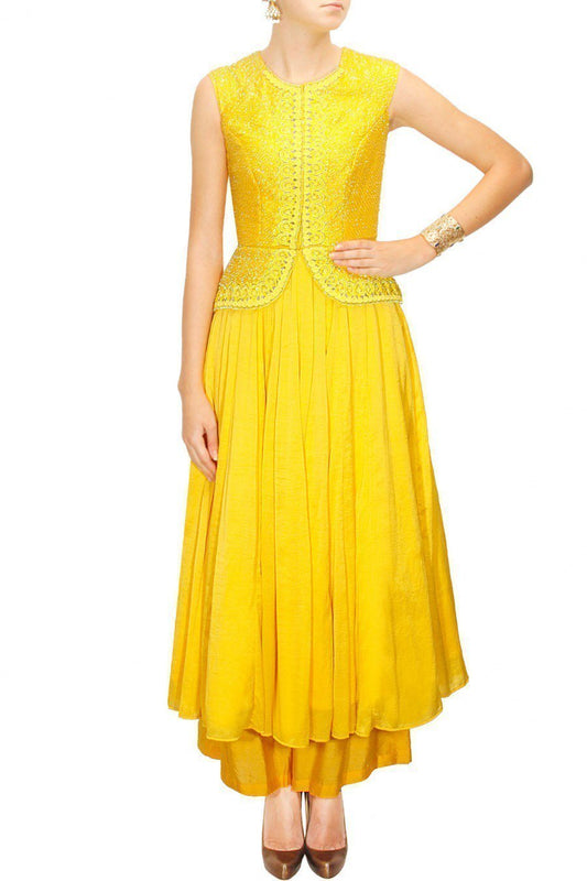 Yellow peplum anarkali with palazzo pants