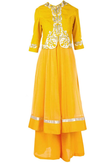 Golden yellow jacket with anarkali and palazoe pants