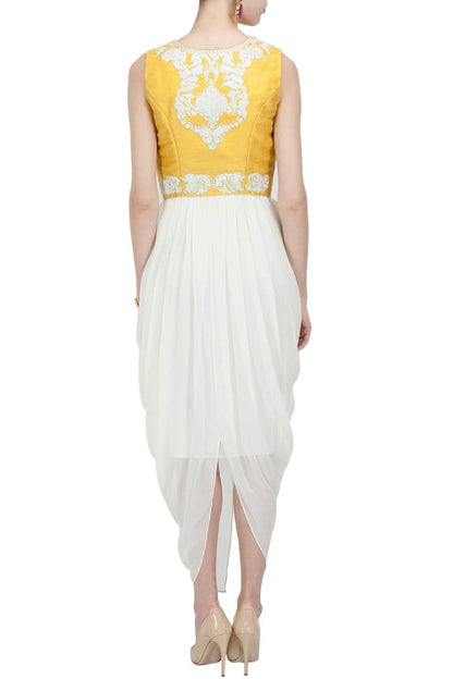 yellow waistcoat with draped dress