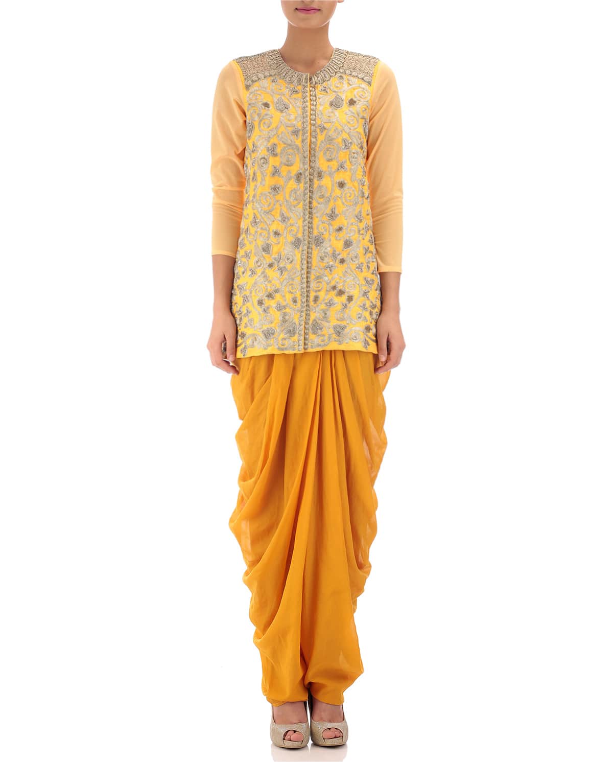 yellow zari jacket and dhoti pants