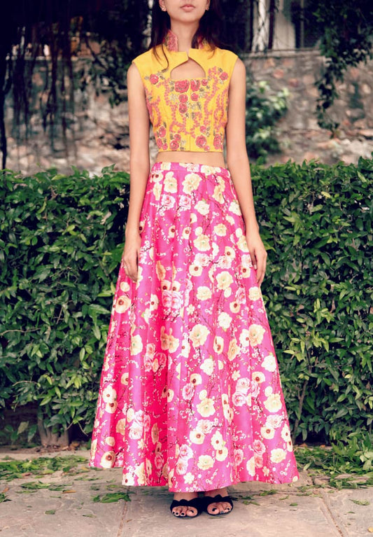 Yellow crop jacket with pink floral printed skirt