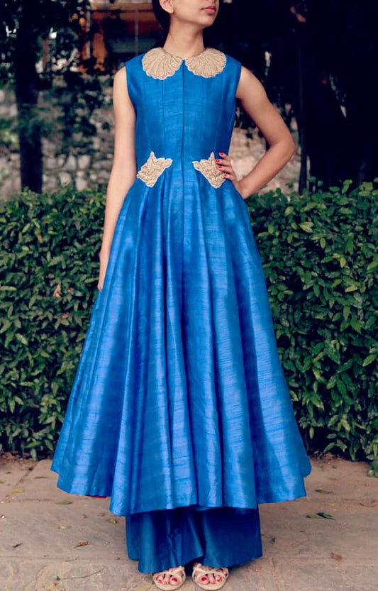 Cobalt Blue Long Flared Jacket with Zardozi Embroidery