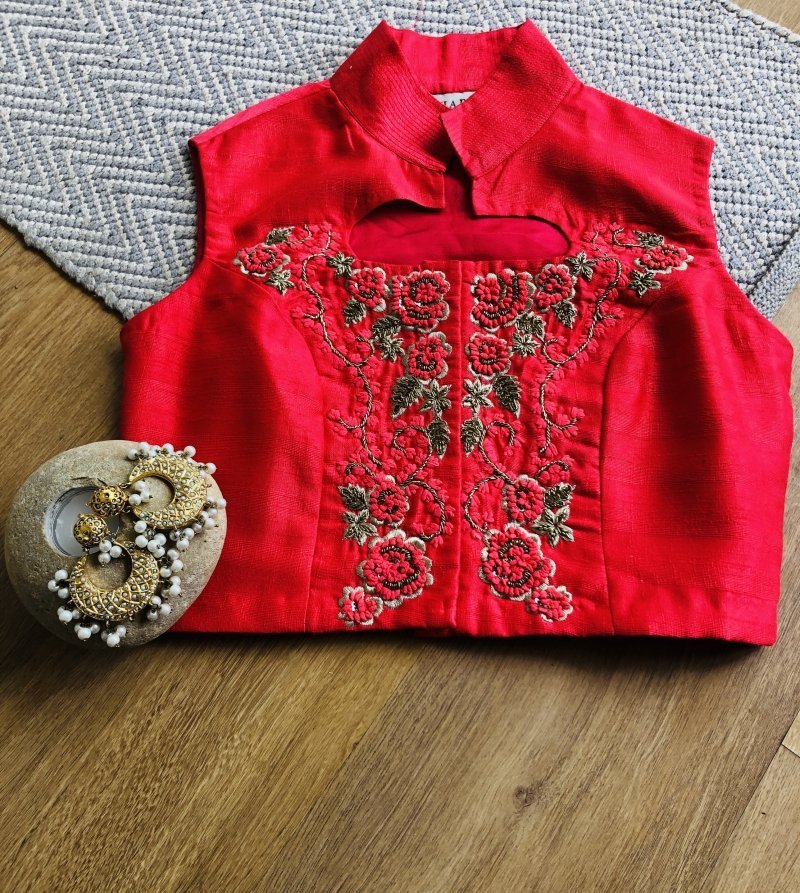 Red embroidered collared blouse