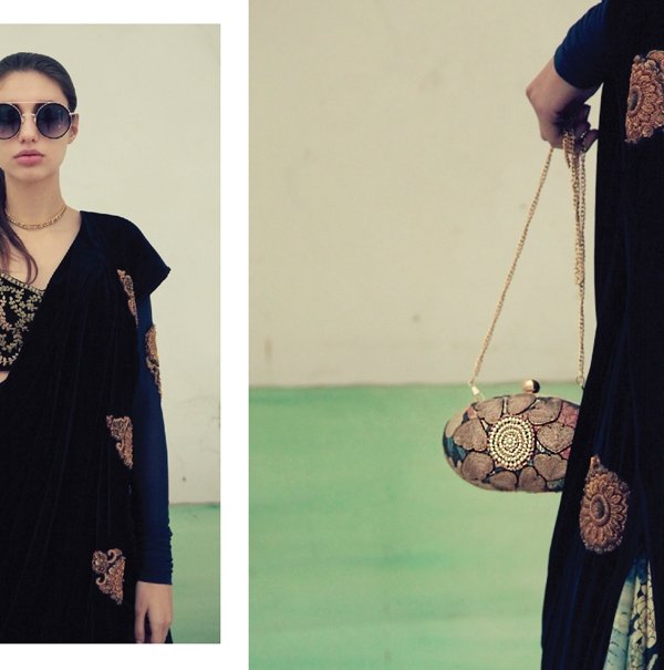 Navyzari blouse black printed with embellished saree