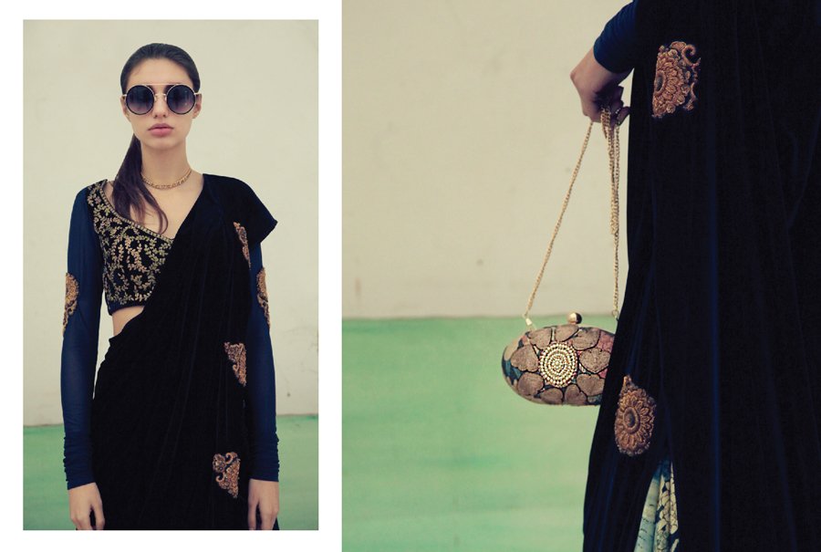 Navyzari blouse black printed with embellished saree