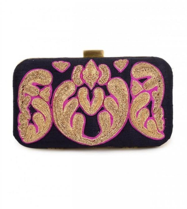 Black and pink zardozi embroidered clutch