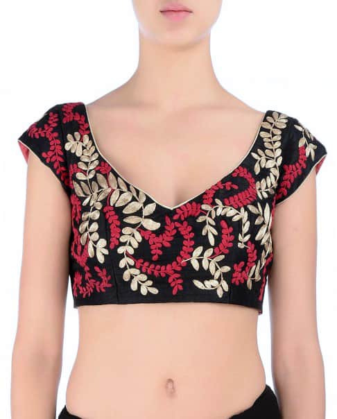 Black Leaf Embroidered Blouse with zari embroidery