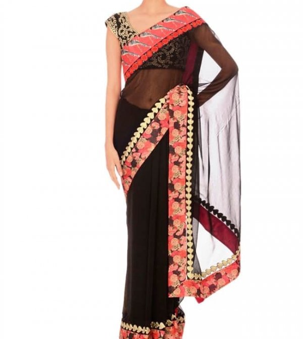 Black Sari with Embroidered Border
