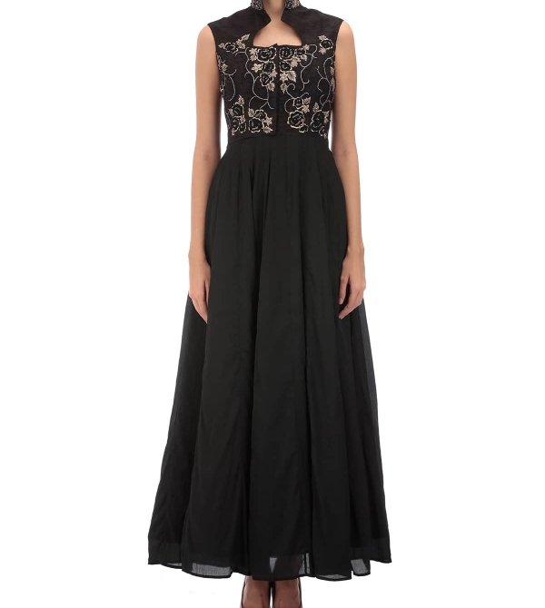 black satin embroidered gown.