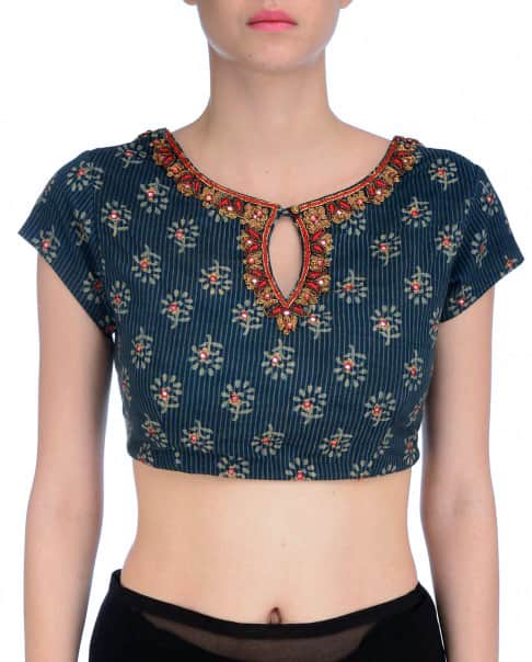 block printed and mirror embroidered sari blouse