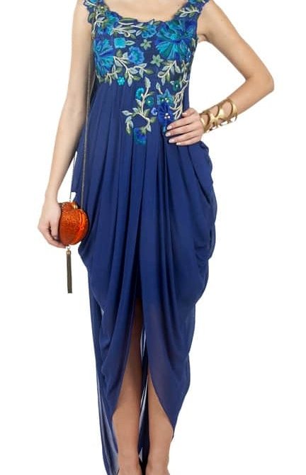 Ink Blue Embroidered Draped Gown.