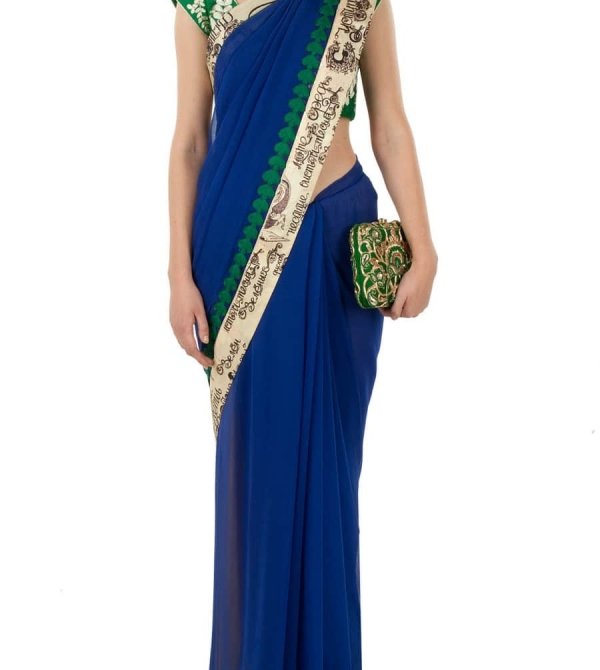 Blue Sari with Leaf Embroidered Blouse