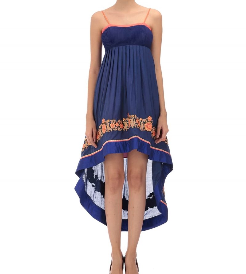 blue assymetrical dress with embroidery.