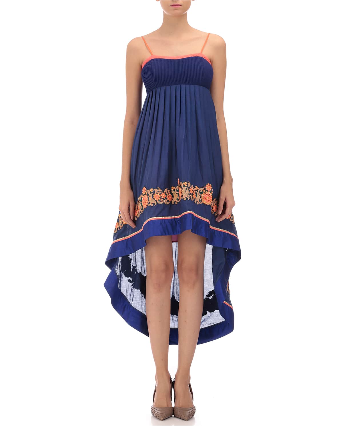 blue assymetrical dress with embroidery.