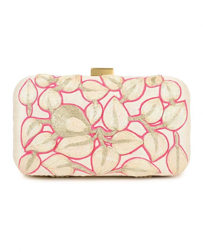 Ivory and silver fruit embroidered clutch bag
