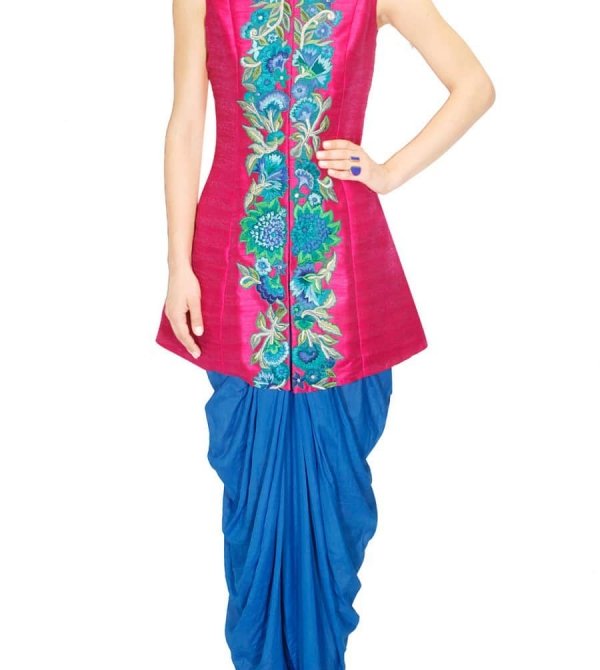 Fuschia Embroidered Jacket with Dhoti set.