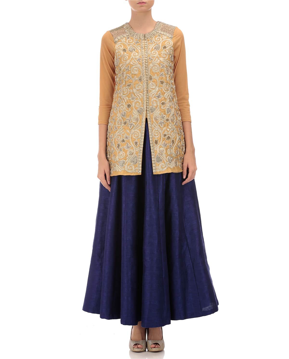 gold zari embroidered jacket with blue silk skirt.
