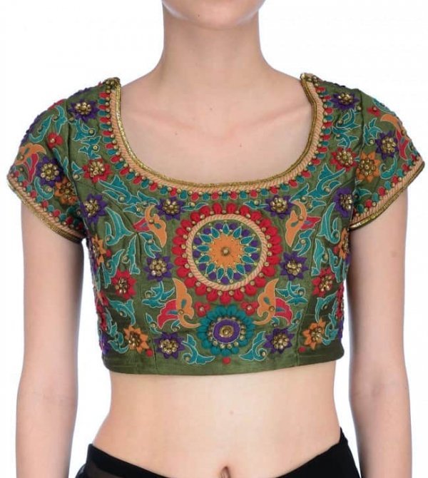 Olive green multicolor thread work blouse