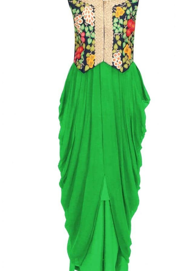 Embroidered waistcoat with green drape dress