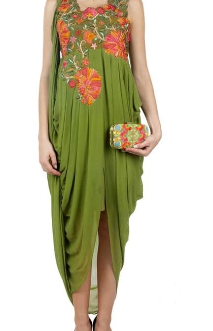 Green Embroidered Draped Gown