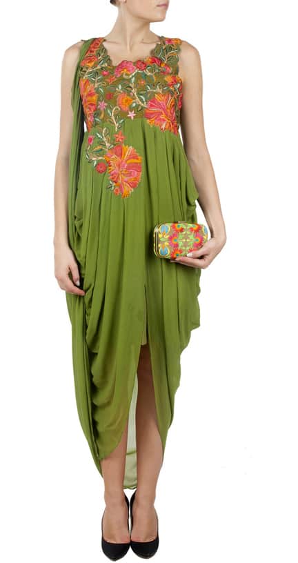 Green Embroidered Draped Gown
